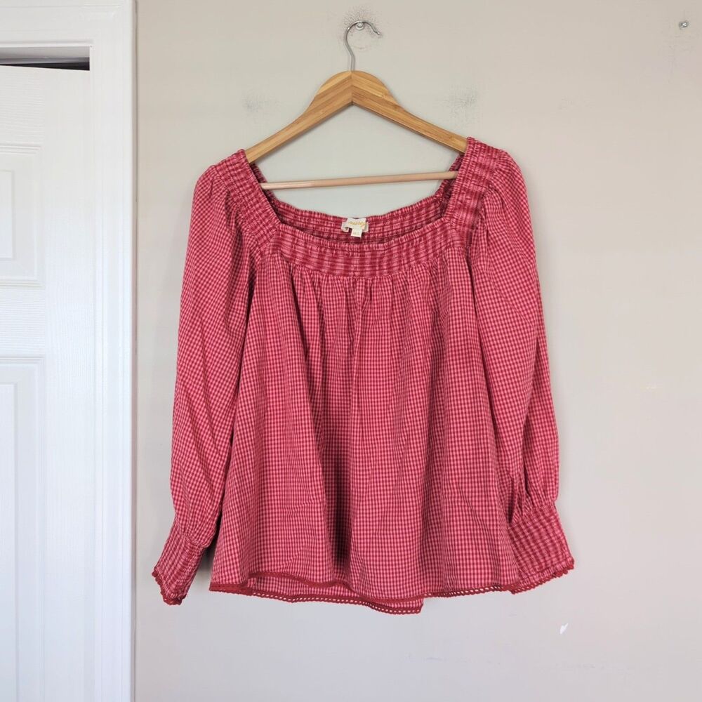 La Maregold Red Gingham Plaid Off Shoulder Smocked Top M/L